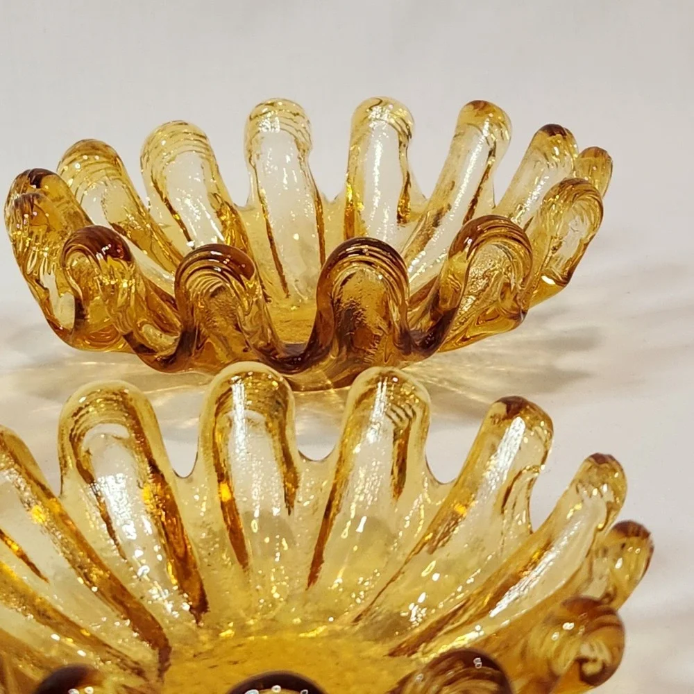 Vintage‎ Amber Art Glass Ruffled Finger Bowl Set 3 Mid Century Modern Honey Gold